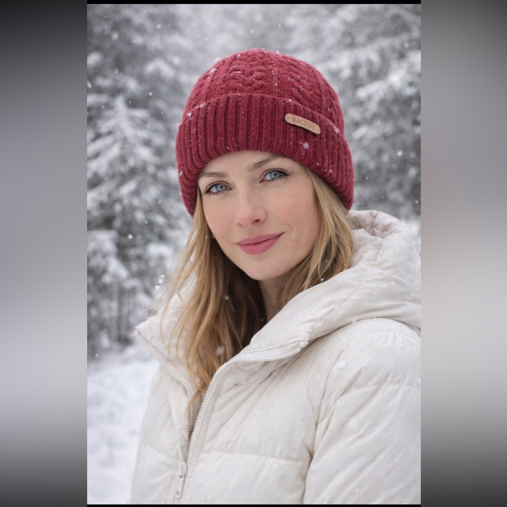 NWT Magisdu Cable Knit Wool Blend Beanie. Women’s Sz-M | Dark Red | Marino